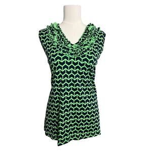 Navy Jane Tunic Tank Top Womens XL Green Navy Chevron Ruffle Neck Sleeveless